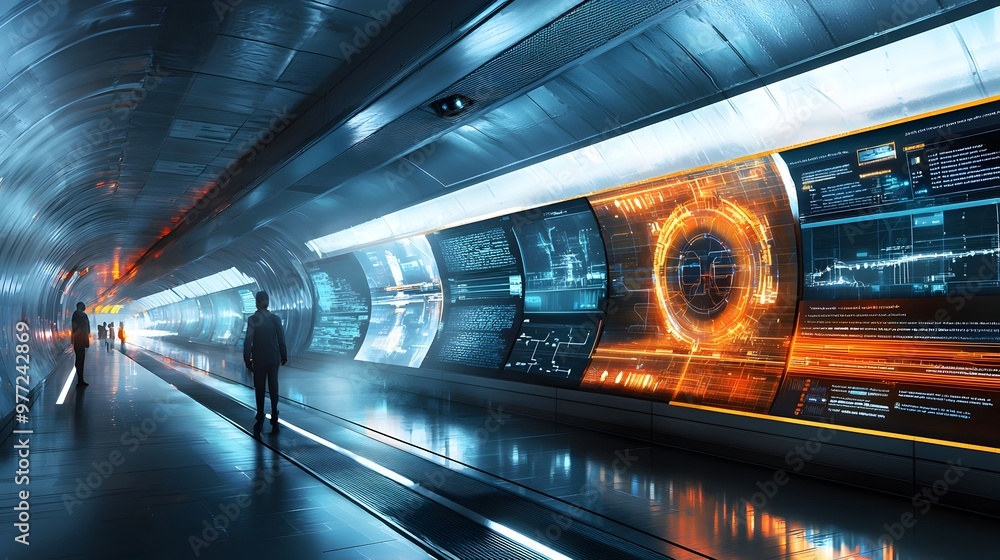 Poster futuristic hyperloop station with interactive digital displays for route and travel info