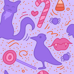 cute Halloween seamless pattern with crow and black cat and candy. Stock vector illustration in cartoon style with outline.