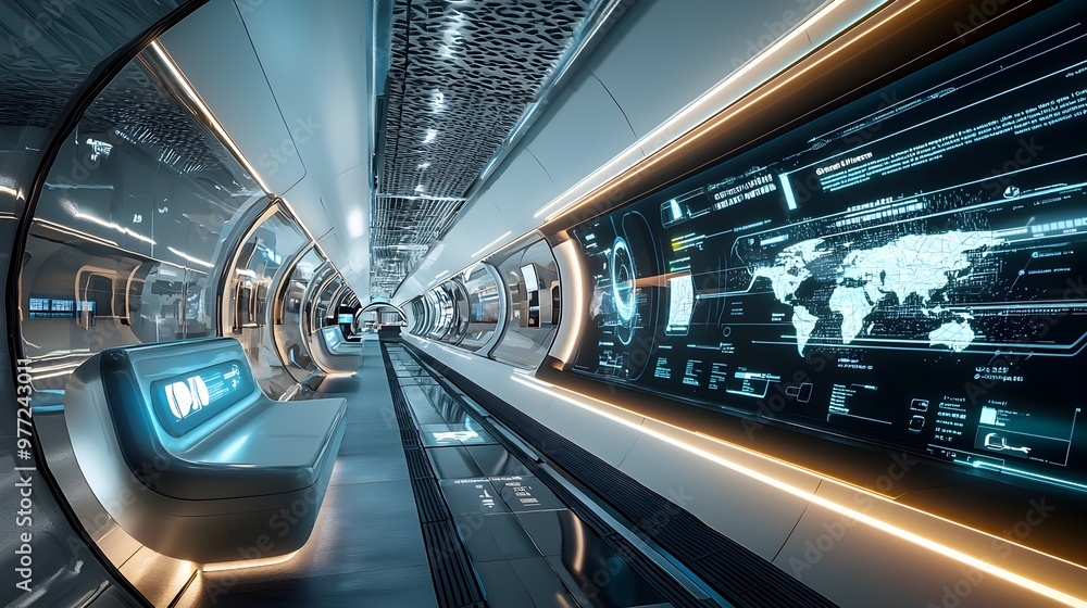Poster futuristic hyperloop station with interactive digital displays for travel information