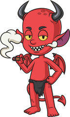 Cartoon relaxed red devil smoking vector illustration