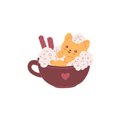 Cute kawaii cat in a mug surrounded by whipped cream and cookies.
