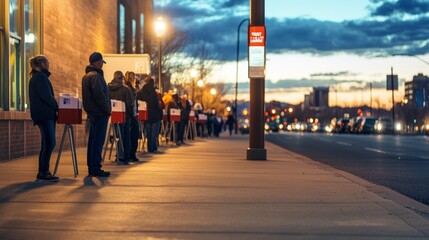 American voters waiting in line outside a voting station as night falls