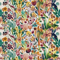 Watercolor flower motif background. Hand painted earthy whimsical seamless pattern. Modern floral linen textile for spring summer home decor. Decorative scandi style colorful nature all over print