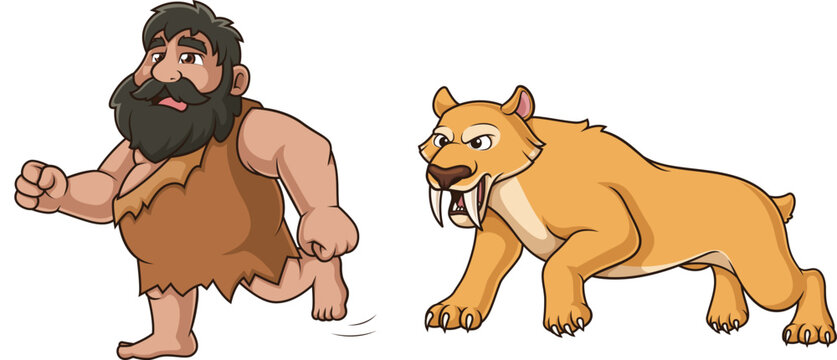 Cartoon saber tooth cat chasing caveman vector illustration