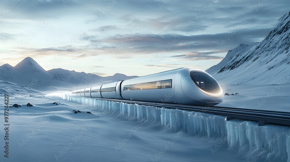 Poster hyperloop pods traversing ice tunnels in arctic landscape,innovative transportation solution