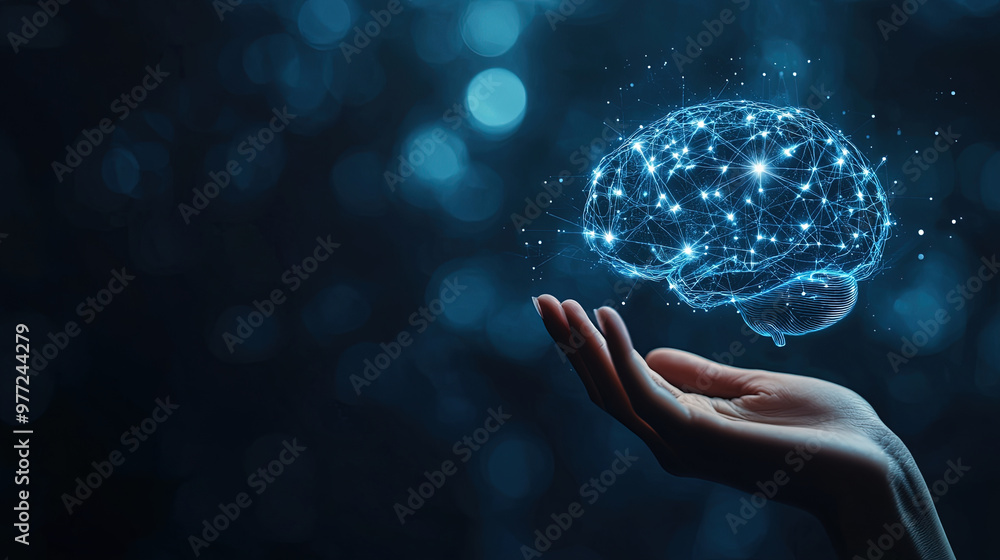 Poster technology and innovation concept. artificial intelligence and neural networks. hand holding a digit