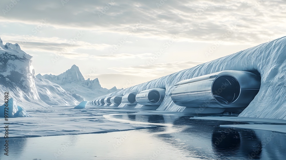 Poster hyperloop transportation solution traversing an arctic landscape through ice tunnels
