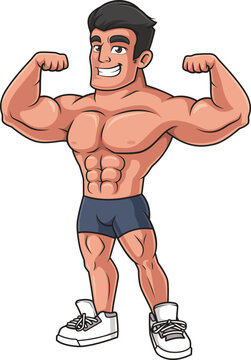 Cartoon muscular man flexing vector illustration