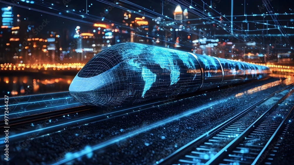 Poster hyperloop network overlaid on a global map,envisioning futuristic high-speed transit connectivity
