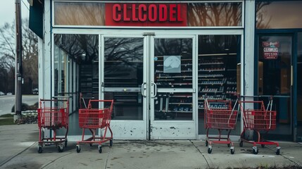 Abandoned retail store with boarded-up storefront displaying 'Closed' sign. Empty shelves visible through dusty window, deserted shopping carts in foreground. Symbolic representation of economic downt