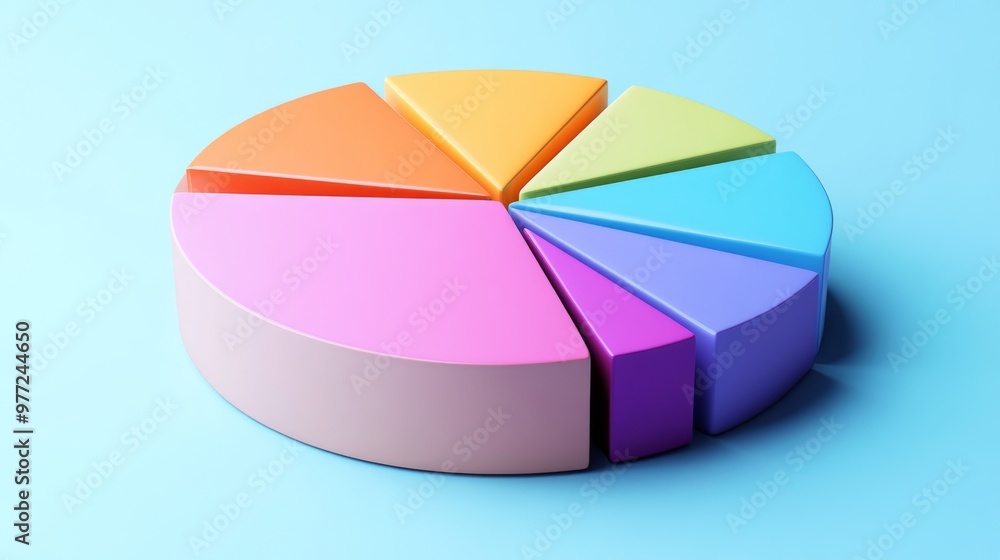 Poster a detailed 3d pie chart with segmented slices and gradient colors, set on a light background to enha