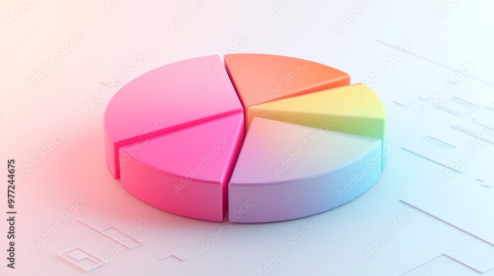 Poster a detailed 3d pie chart with segmented slices and gradient colors, set on a light background to enha