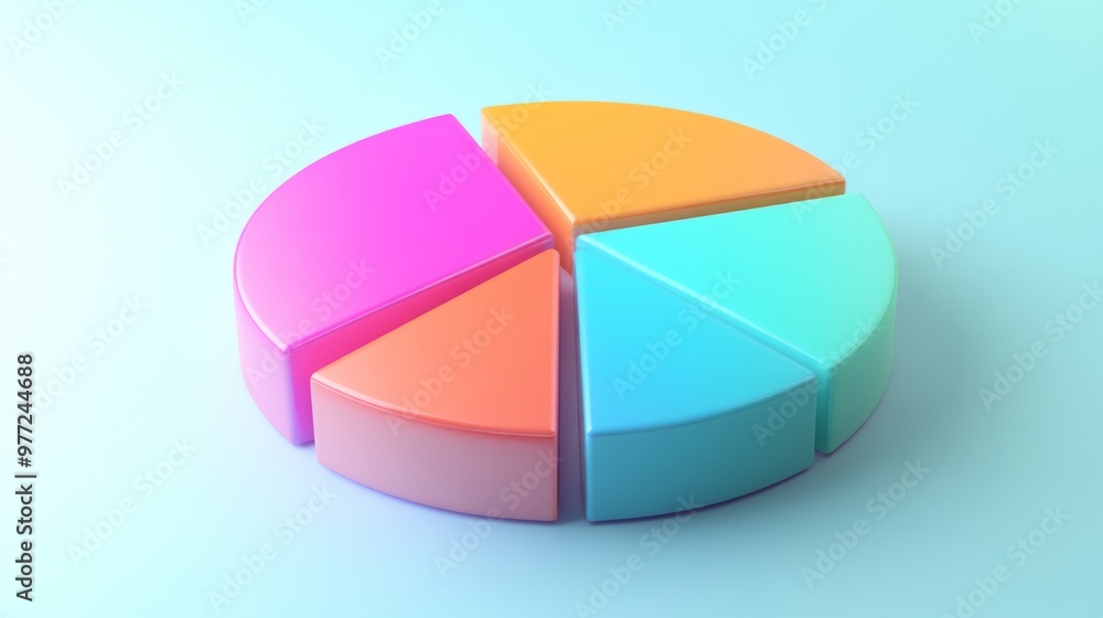 Poster a detailed 3d pie chart with segmented slices and gradient colors, set on a light background to enha
