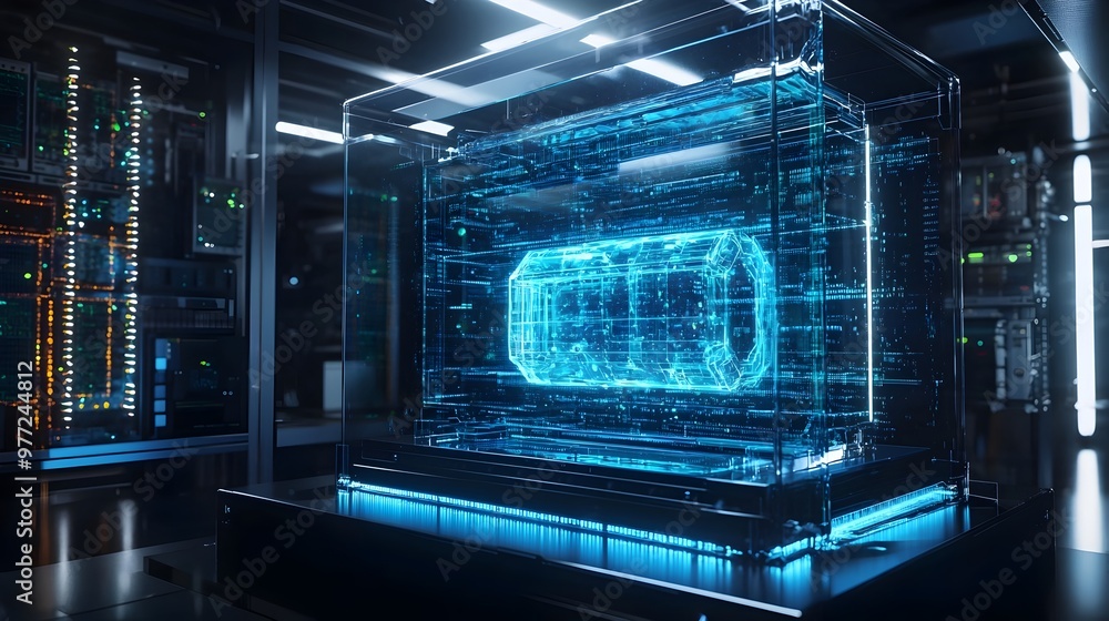 Poster futuristic quantum computer encased in glass with digital holographic data streams