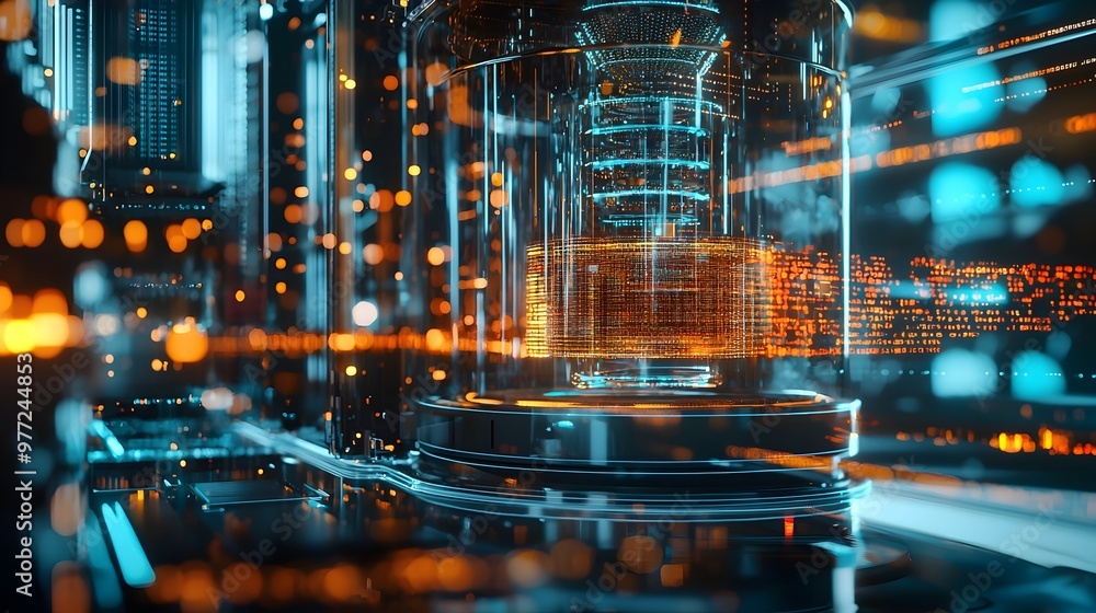 Poster futuristic quantum computer encased in glass with holographic data streams showcasing cutting-edge