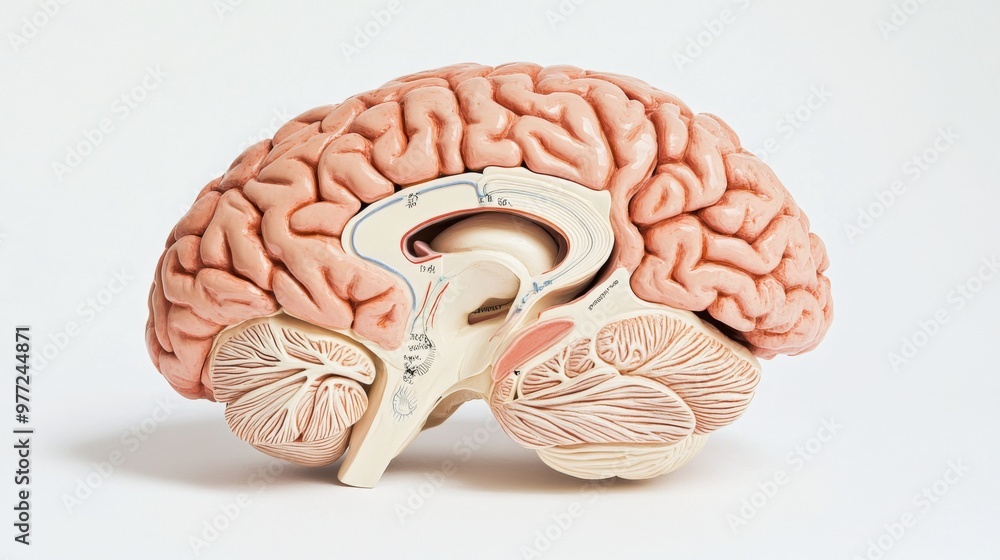 Poster a detailed close-up of a human brain model with clear labeling of the different regions, set against