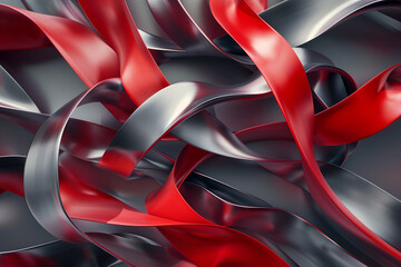 Abstract design featuring intertwined metallic red and silver ribbons, creating a futuristic and dynamic visual with smooth, flowing textures and reflective surfaces.