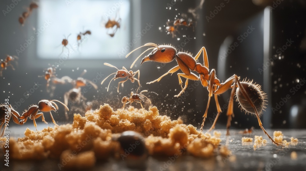 Poster A detailed image of ants crawling on a crumb of food on a kitchen counter, capturing their movement and interaction with the environment.