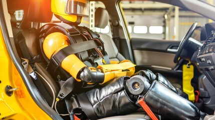 Fototapeta premium Vehicle safety demonstration with crash test dummy in car, airbag deployment, and visible seatbelt. Professional crash test facility showcasing automotive safety features and collision protection tech