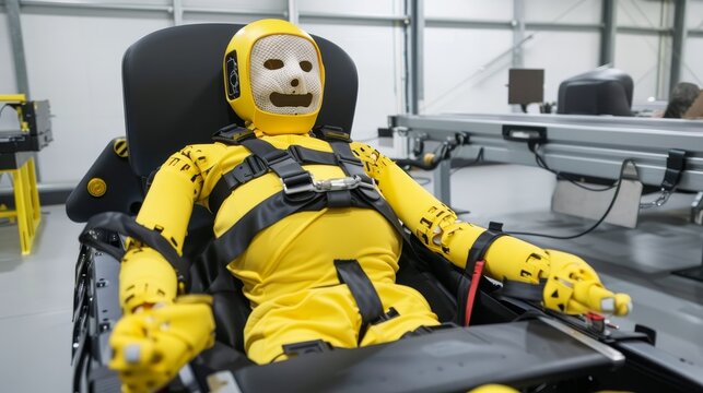 Vehicle safety demonstration with crash test dummy in car, airbag deployment, and visible seatbelt. Professional crash test facility showcasing automotive safety features and collision protection tech