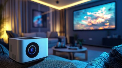 A modern projector in a cozy living room setting with a large screen displaying a vibrant scene, perfect for movie nights.