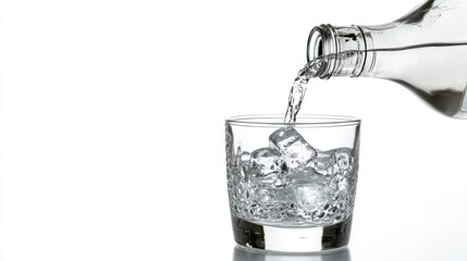 A pouring shot of vodka from a sleek bottle into a glass with ice, frozen in mid-motion, isolated on white.