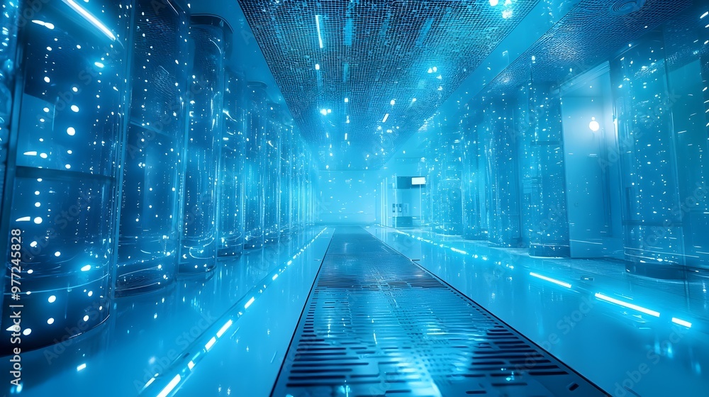 Aufkleber quantum computing room with glowing blue lights and cooling systems for high-security advanced tech