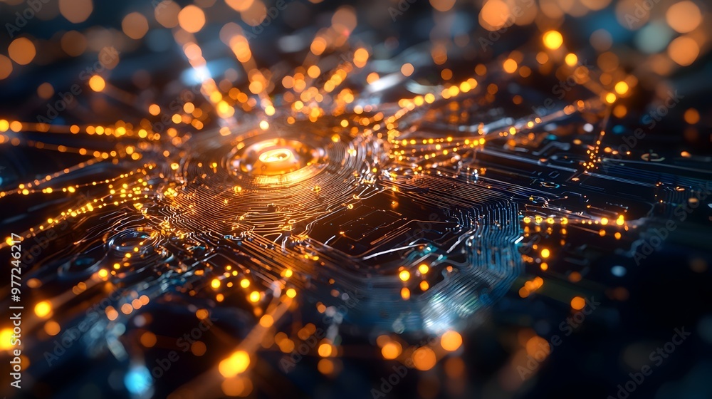 Aufkleber detailed superconducting qubits on quantum chip,showcasing intricate pathways and connections of