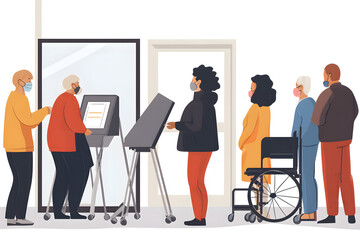 Fototapeta premium Voters standing in line at polling station, diverse group, including elderly and disabled people, using electronic voting machines during election, social distancing, and COVID-19 precautions