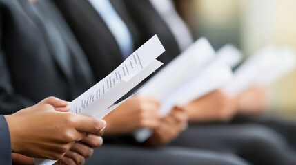 Executive recruitment close-up, hands holding documents detailing qualifications of senior-level candidates.