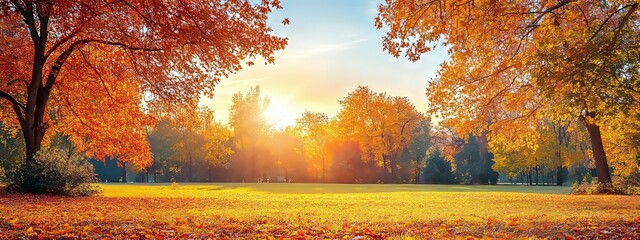 Autumnal Woodland Scene with Sunlit Trees and Golden Leaves