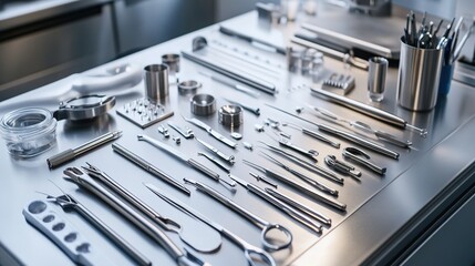 Fototapeta premium A close-up of high-tech medical equipment, including surgical instruments and diagnostic devices, displayed on a stainless steel table in a sterile environment.