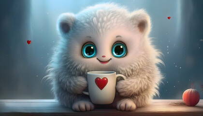 Cute Fluffy Creature Holding Heart Mug, Digital Illustration
