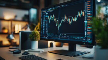 Fototapeta premium A detailed view of a financial chart on a computer screen, showing fluctuating stock prices and trend lines, set against a clean, modern workspace