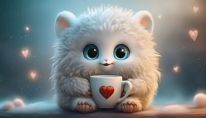Obraz premium Cute Fluffy Creature Holding Heart Mug, Digital Illustration