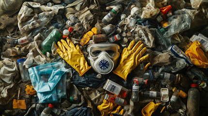 Contaminated medical waste is scattered across ground, showcasing hazardous environment. Protective gloves and mask are prominently displayed, emphasizing need for safety