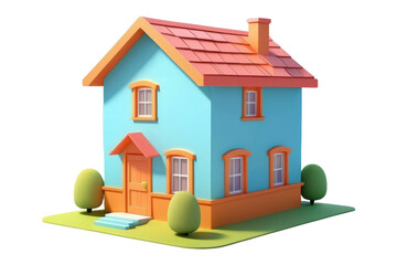 Cartoon-style 3D model of a cute house, center-aligned on a stark white background, gentle shadows beneath, soft edges, simplistic yet child-friendly design, rendered in vibrant colors, high-quality