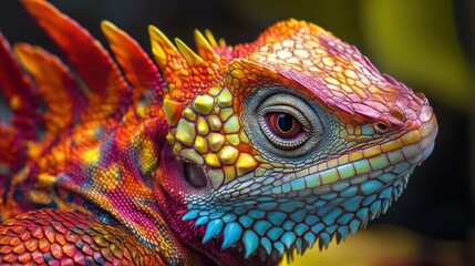 Obraz premium Vibrant tropical creature with iridescent scales, radiant fur, and striking geometric designs, close-up of bold colors and intricate details.