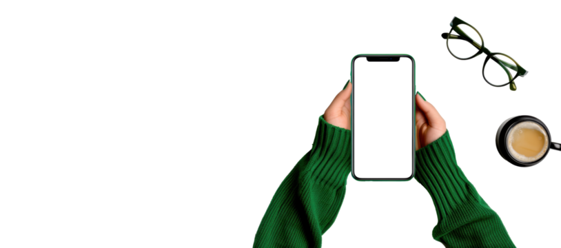 Phone in Hands with Accessories on Transparent Background
