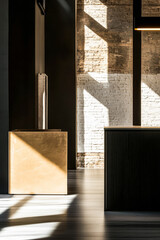 Elegant interior design showcasing contrasting textures and natural light in a modern space during the afternoon