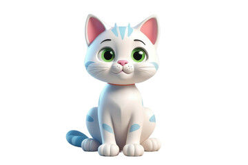 Obraz premium Cartoon-style cute cat sitting, 3D high-quality model, centered on stark white background, casts gentle shadows beneath, soft edges define its simplistic design suitable for a child-friendly character