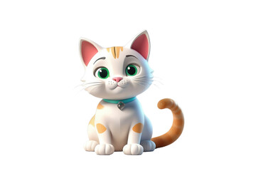 Fototapeta premium Cartoon-style cute cat sitting, 3D high-quality model, centered on stark white background, casts gentle shadows beneath, soft edges define its simplistic design suitable for a child-friendly character