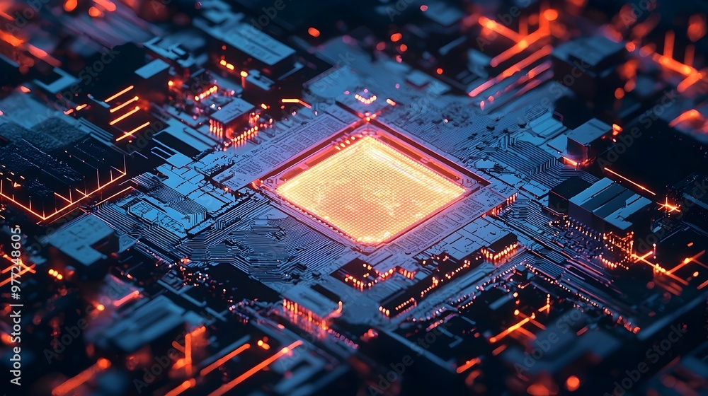 Poster quantum computer chip with hologram overlay - future tech synergy