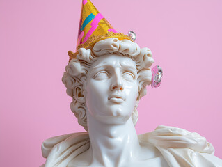 A classic white marble statue wearing a colorful party hat, set against a pastel pink background. A fun and unexpected juxtaposition of ancient art with modern celebration vibes.
