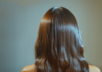 Naklejka premium A woman with long brown hair is shown with a light blue background. The hair is shiny and well-maintained, giving the impression of a healthy and well-groomed appearance