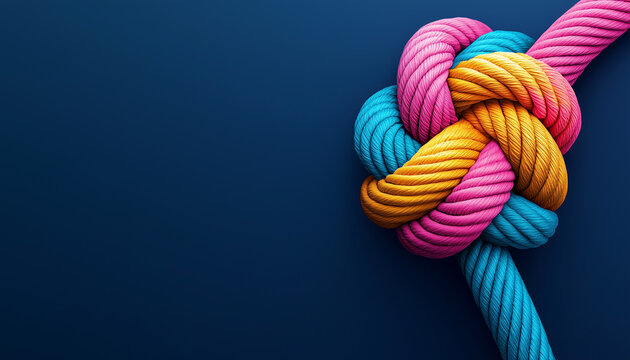 ropes of different colors tied into a knot, blue background, concept of infinity and connection, relationships and friendship, symbolizing unity and strength, teamwork and partnership copy space