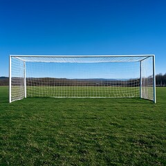 Fototapeta premium Soccer Goal on Green Grass Field Against Blue Sky.