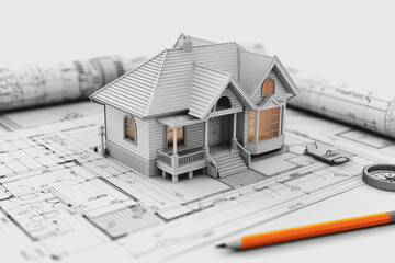 Architectural blueprint with a model house and pencil on it on a white background.