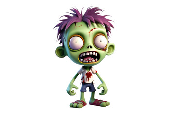 Cute zombie character, 3D model, high quality, central focus on stark white background, gentle shadowing underneath, soft edged design, vibrant colors, simplistic and child-friendly appearance