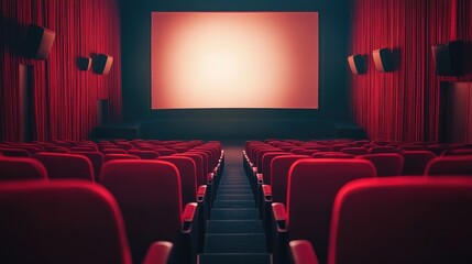 Fototapeta premium A quiet movie theater with red seats and a large screen, evoking a sense of anticipation for the upcoming film.